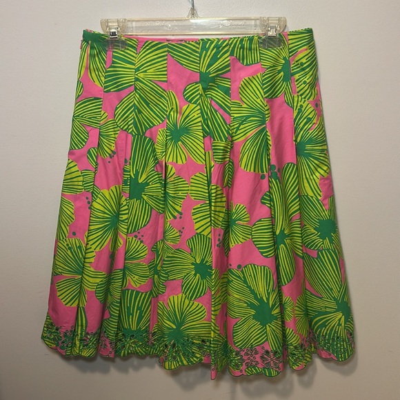 LILLY PULITZER Ingrid Vtg White Label Floral Pleated Skirt Eyelet Hem Size 8 - Picture 2 of 11